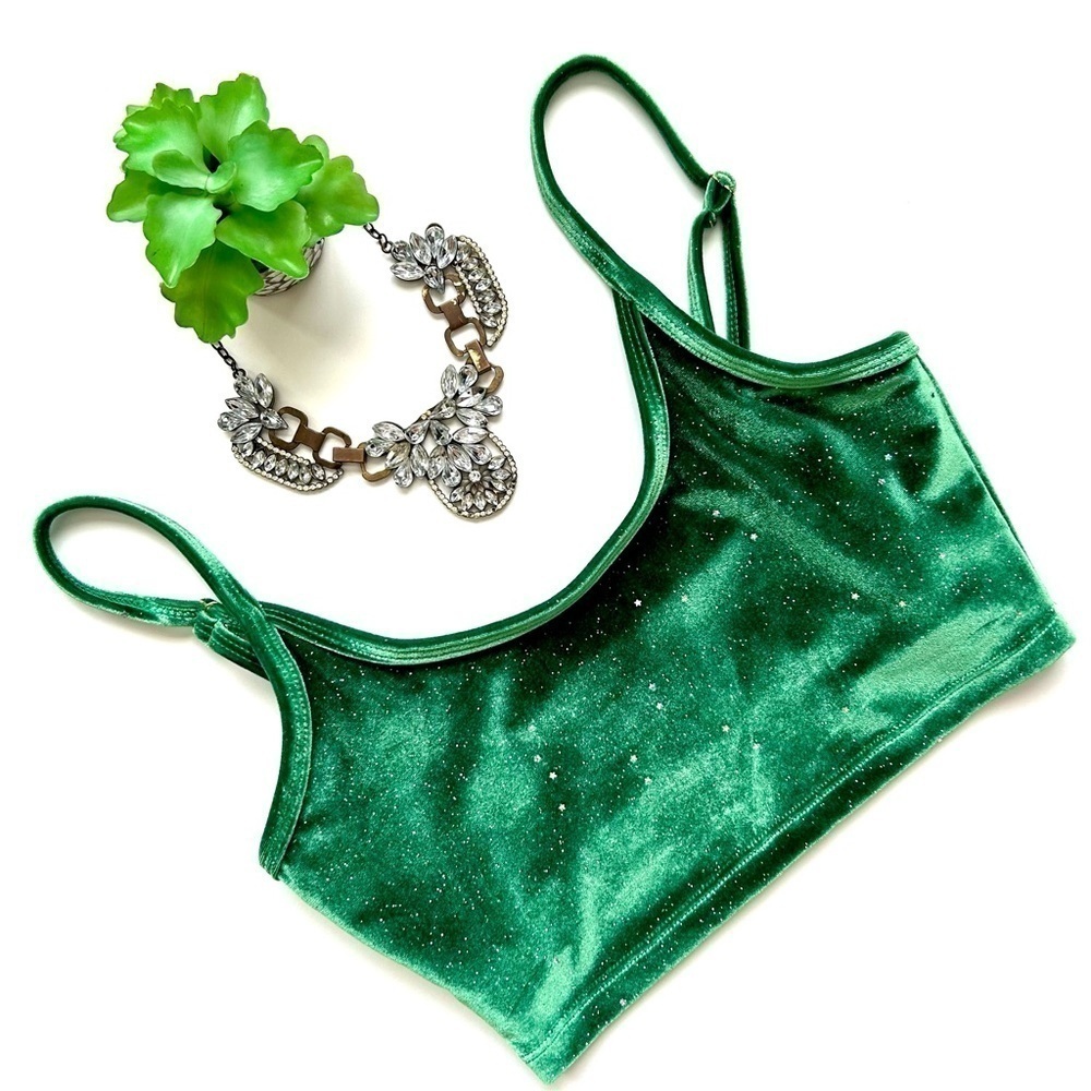 Beach Riot Green Velvet Sparkle Star Glitter Libby Crop Top Sports Bra Size S